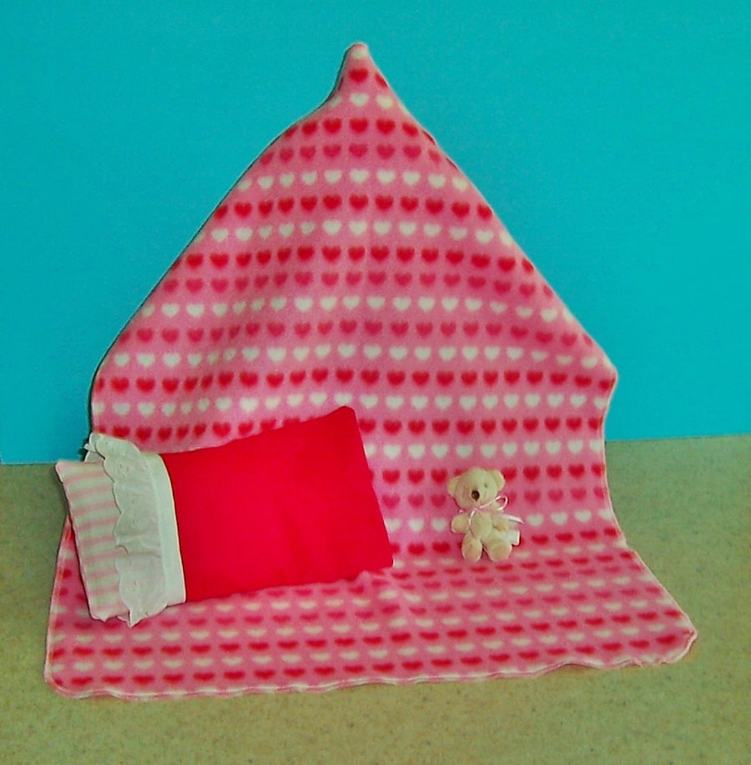 Fleece Doll Blanket With Heart Print, Pillow and Stuffed Animal for