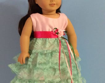 Light Green  Lace with Pink Satin Gown Handmade for 18 Inch Dolls Such as the American Girk Dolls