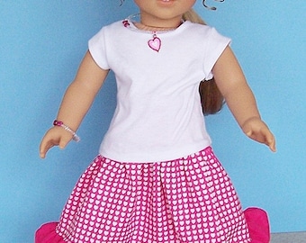 Mini Hearts on Fuchsia Twirl Skirt with White Tee and Jewelry - 18 Inch Doll Clothes such as American Girl