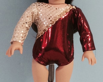 Metallic Red Gymnastic Leotard met Gold Sequin Trim - 18 Inch Dolls zoals American Girl