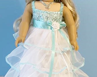 Organza Ruffle Party Gown with Aqua Trim for 18 Inch Dolls such as American Girl