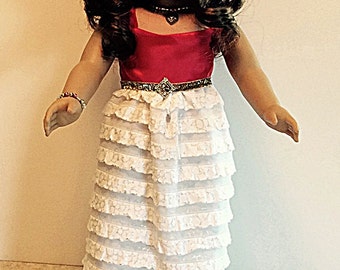 White and Gold Cascading Ruffle Gown with Necklace for 18 Inch Dolls such as American Girl