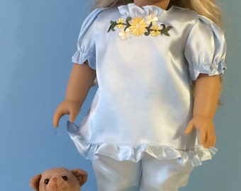 Blue Satin Pajamas with Bear Handmade for 18 Inch Dolls such as American GIrl