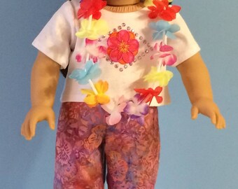 Hawaiian Print Capri Pants, Tee and Lei for 18 Inch Dolls such as American Girl