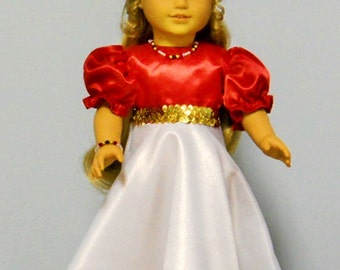 Elegant Red and White Satin Gown with Gold Sequin Belt and Jewelry for 18 Inch Dolls such as American Girl