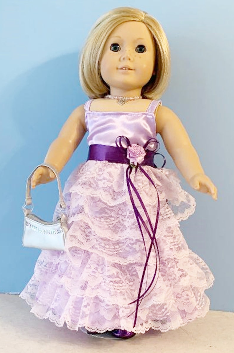 Lilac Lace Ruffled Party Gown with Dark Purple Trim for 18 Inch Dolls such as American Girl image 1