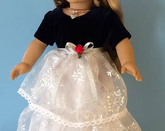 Winter Party Gown with Snowflake Printed Organza and Silver Trim  for 18 Inch Dolls