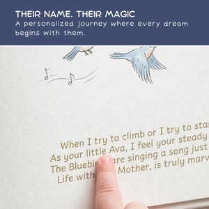 May include: A personalized book page with the text "THEIR NAME. THEIR MAGIC" and "A personalized journey where every dream begins with them." The page features bluebirds and musical notes.