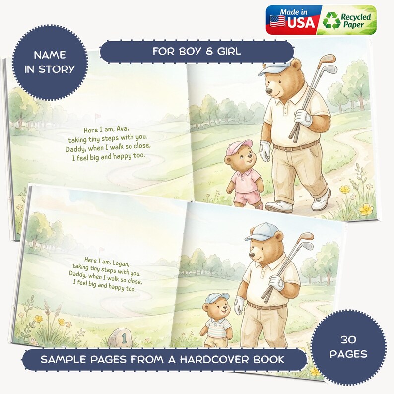 May include: A children's book with illustrations of bears playing golf. The text reads "Name in Story" and "For Boy & Girl". The book is made in the USA with recycled paper and has 30 pages. Sample pages from a hardcover book are shown.