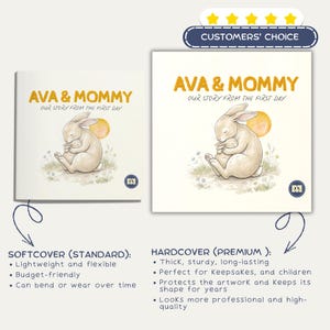 May include: Two books with the title "AVA & MOMMY" and the subtitle "OUR STORY FROM THE FIRST DAY". The cover art features a sleeping bunny holding a smaller bunny. The text below describes softcover and hardcover options.