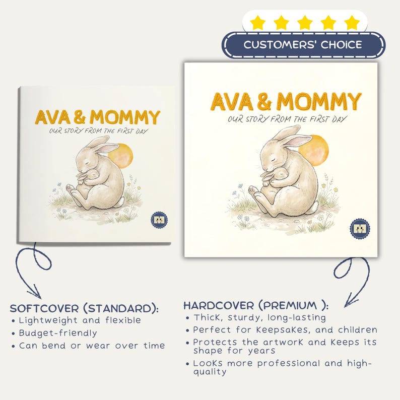 May include: Two books with the title "AVA & MOMMY" and the subtitle "OUR STORY FROM THE FIRST DAY". The cover art features a sleeping bunny holding a smaller bunny. The text below describes softcover and hardcover options.