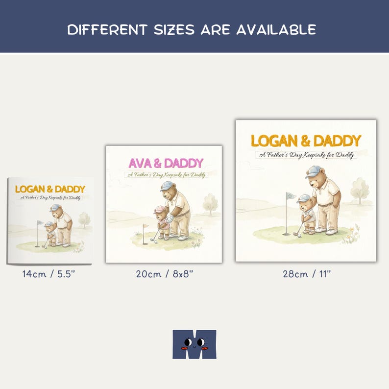 May include: Artwork featuring a bear and cub playing golf, with the text "LOGAN & DADDY" and "AVA & DADDY". Available in 5.5", 8x8", and 11" sizes. The image has a light color palette with a golf course scene.