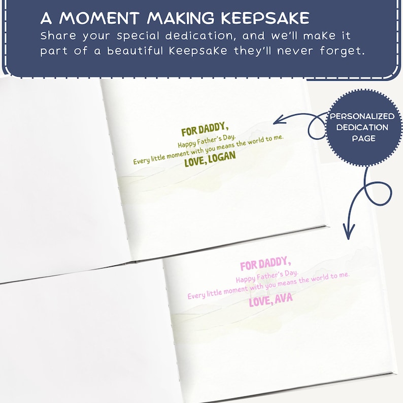 May include: Open book with a personalized dedication page. Text reads "A Moment Making Keepsake" and "For Daddy, Happy Father's Day, Every little moment with you means the world to me. Love, Logan".