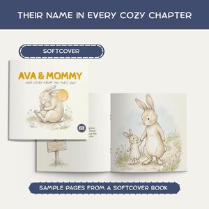 May include: A softcover book titled "AVA & MOMMY" with illustrations of rabbits. The cover features a sleeping rabbit, while the open pages show a mother and child rabbit walking. Text includes "OUR STORY FROM THE FIRST DAY" and "SAMPLE PAGES FROM A SOFTCOVER BOOK."