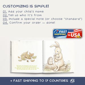 May include: An open children's book with illustrations of a bunny holding a baby bunny and a hedgehog. Text on the page reads, "We found Little Hedgehog under the leaves...My darling Mother, you show me the way." The top text says, "CUSTOMIZING IS SIMPLE!"