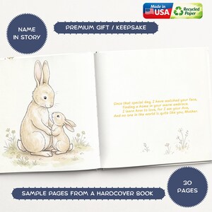 May include: Open book with a watercolor illustration of a mother and baby rabbit. Text includes "Name in Story", "Premium Gift / Keepsake", and "Sample Pages From a Hardcover Book". The book has 30 pages and is made in the USA with recycled paper.