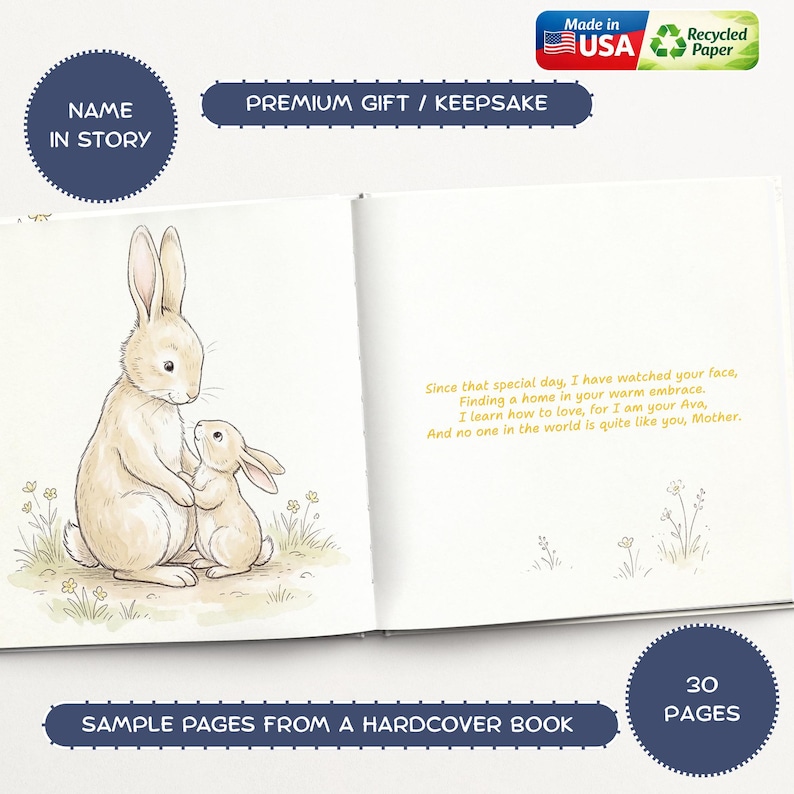 May include: Open book with a watercolor illustration of a mother and baby rabbit. Text includes "Name in Story", "Premium Gift / Keepsake", and "Sample Pages From a Hardcover Book". The book has 30 pages and is made in the USA with recycled paper.