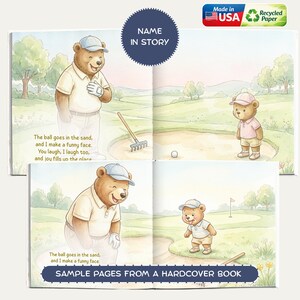 May include: A children's book spread featuring watercolor illustrations of teddy bears playing golf. The bears are dressed in golf attire and are shown on a green golf course. Text includes "Name in Story" and "Sample Pages From a Hardcover Book."