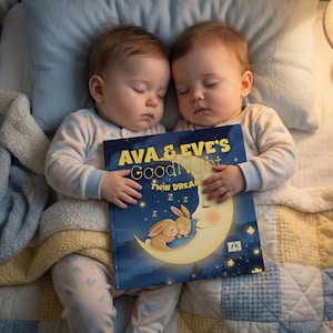 May include: Two sleeping babies in matching pajamas are nestled together, holding a book titled "AVA & EVE'S GoodNight Twin Dreams." The book cover features a moon, stars, and sleeping bunnies. The scene is set on a bed with a blue pillow and a patterned quilt.