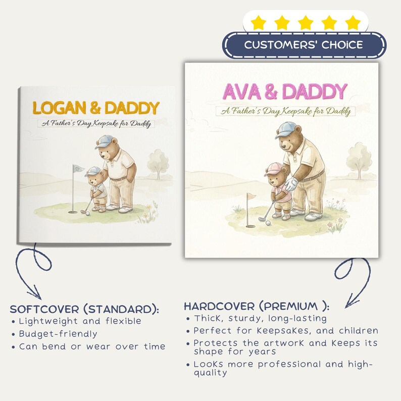 May include: Two illustrated books with the text "LOGAN & DADDY" and "AVA & DADDY" on the covers, both subtitled "A Father's Day Keepsake for Daddy." The illustrations depict bear characters playing golf. The image also highlights the differences between softcover and hardcover options.