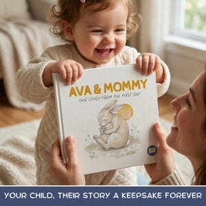 May include: A book titled "AVA & MOMMY OUR STORY FROM THE FIRST DAY" is held by a child and an adult. The cover features a soft illustration of a mother rabbit and baby rabbit. The text "YOUR CHILD, THEIR STORY A KEEPSAKE FOREVER" is at the bottom.