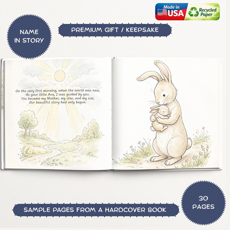 May include: An open hardcover book with illustrations. One page shows a watercolor image of a mother rabbit holding a baby rabbit. The opposite page has text. The book is labeled "Premium Gift / Keepsake" and "Sample Pages From a Hardcover Book."