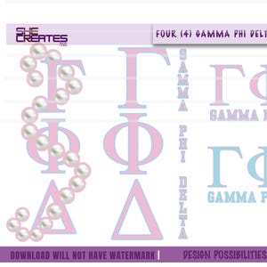 May include: Four Gamma Phi Delta designs in pink and blue, including the Greek letters Γ, Φ, and Δ. One design features a pearl necklace. Text includes "She Creates" and "Design possibilities are endless!"