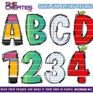 Letras escolares, marcos de Canva, letras escolares con doodle, marcos de letras personalizados, alfabetos para profesores, letras de regreso a clases, diseño de paquetes escolares