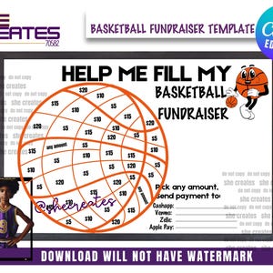 Basketball Fundraiser, Fill My Basketball, AAU, Summer League Sponser Vorlage, In Canva Template bearbeiten mit Tracking Log