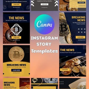 May include: Instagram story templates with a cryptocurrency theme. The designs feature gold and silver coins, Bitcoin symbols, and the text "Breaking News" and "The News". The templates are designed in a dark blue and gold colour scheme.