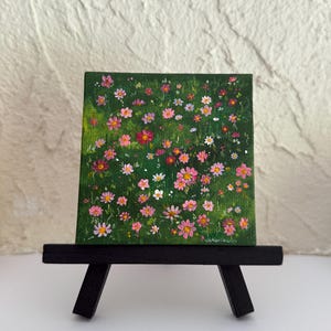 Mini Flower Field Painting – 3x3ʼ Acrylic on Canvas with Easel | Tiny Art Gift | Original Hand-Painted Nature Art | Miniature Wildflower