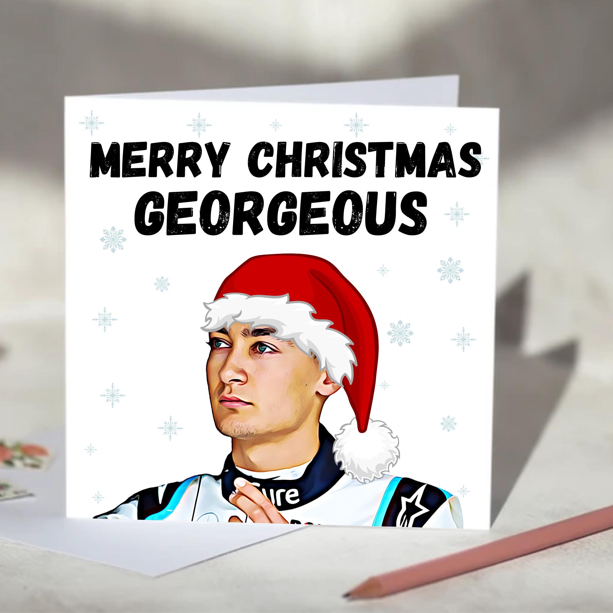 George Russel F1 Weihnachtskarte - Frohe Weihnachten Georgeous - Für Mercedes Formel 1 Fans - Lustiges Xmas F1 Geschenk