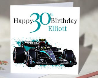 May include: A white birthday card with the text "Happy 30th Birthday Elliott" in black and teal. The card features an illustration of a Formula 1 race car with teal accents and teal paint splatters.
