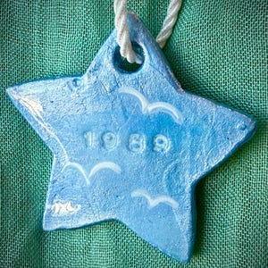 May include: A light blue star-shaped pendant with the year "1989" and three bird silhouettes. The pendant is strung on a white cord against a green fabric background. The star has a hole at the top for hanging.