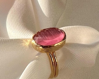 Pink Tourmaline Gemstone Ring, Rose Quartz Crystals Ring, Dainty Pink Crystal Ring Gift for Her, October Birthstone, Minimalist Jewelry