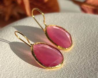 Pink Tourmaline Earrings, Rose Quartz Earrings Gold Plated, Sterling Silver Earrings, Dangling Earring With Stones, Handmade Jewelry Gem