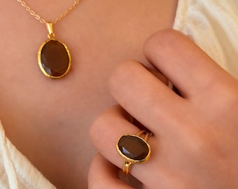 Natural Smoky Quartz Gold Ring, Brown Crystals Ring, Bezel Set Smoky Stone Ring, Healing Energy Genuine Stone Ring, Adjustable Ring