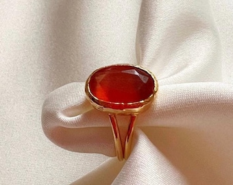 Red Carnelian Ring, Handmade Adjustable Gold Plated Ring, Lab Carnelian Jewelry, Simple Statement Ring, July Birthstone, Mother's Day  Gİft