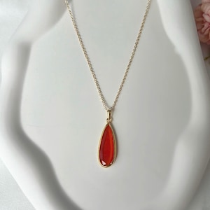 Red Carnelian Necklace: 22k Handmade Gold Plated  Jewelry, Minimalist Teardrop Pendan, Large Gemstone Ring,