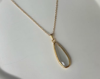 Teardrop White Moonstone Necklace, Natural Birthstone Pendant, Handmade Gold Plated Jewelry, Minimalist Everyday Necklace