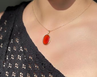 Red Necklace, Oval Gemstone Pendant, Chunky Red Necklace, Minimalist Pendant, Birthstone Gift, Necklace For Women