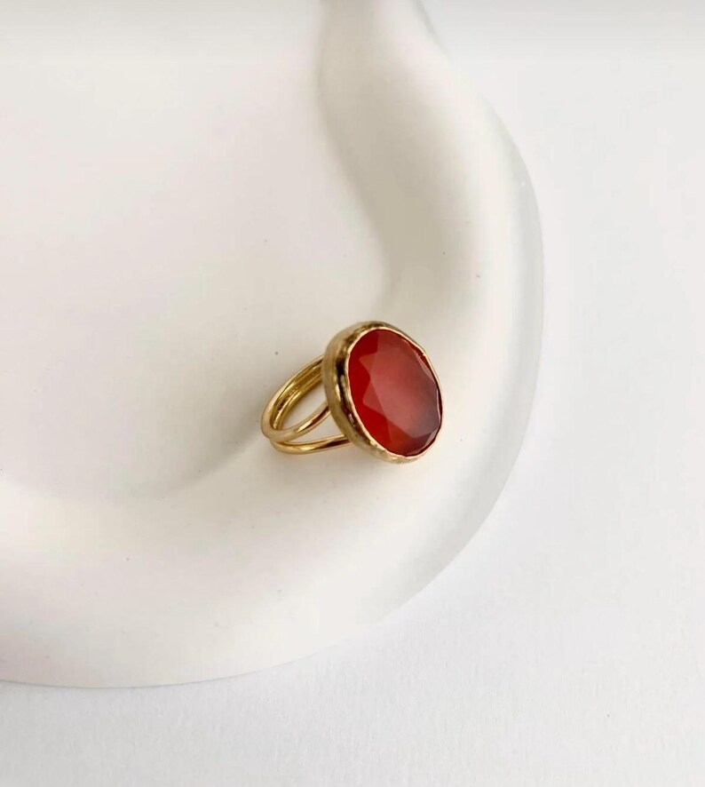 Red Carnelian Ring, Handmade Adjustable Gold Plated Ring, Lab Carnelian Jewelry, Simple Statement Ring, July Birthstone, Mother's Day Gİft image 4