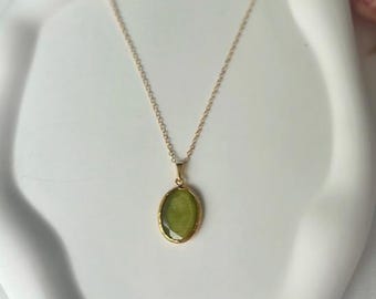 Oval Jade Gold Plated Necklace, Green Gemstone Necklace, Vintage Genuine Pendant, Cat's Eye Minimalist Jade Pendant Necklace For Women