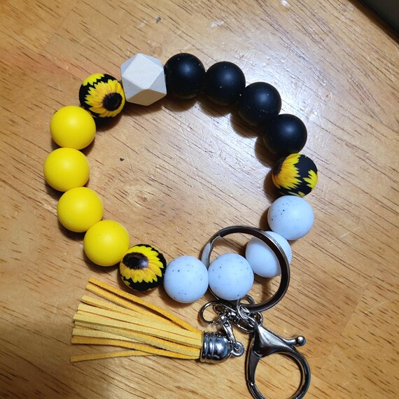 Black and Yellow Beaded Keychain Bracelet Beaded Keychain Wristlet With Silicone Beads - Sunflower  main image 2