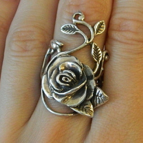 Solide 925 Sterling Silber Rose Blatt Rebe Design Ring, atemberaubende, schwer