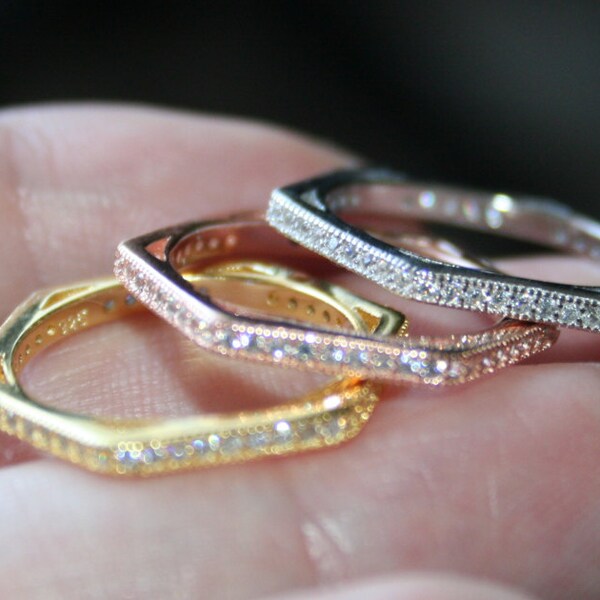 Sell  out Rings /bands  2 STACKABLE 14 k gold  over 925 ,Sterling silver with  white topaz   Size 7 STUNNING , so in Fashion , modern style