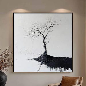 Pintura original de un árbol en blanco y negro, textura 3D con efecto empaste, arte Wabi Sabi.