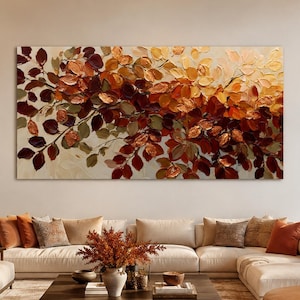 Höstlövsmålning, Botanisk Väggkonst i Koppar, Texturerad Höstcanvas, Rustik Heminredning