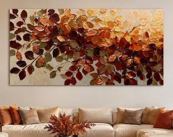 Schilderij met herfstbladeren, botanische wanddecoratie in koperkleur, canvas met herfstmotief, rustieke woondecoratie