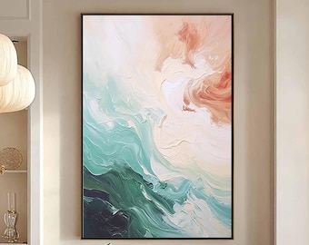Abstrakt havsvåg Impasto-målning, modern kustkonst på canvas